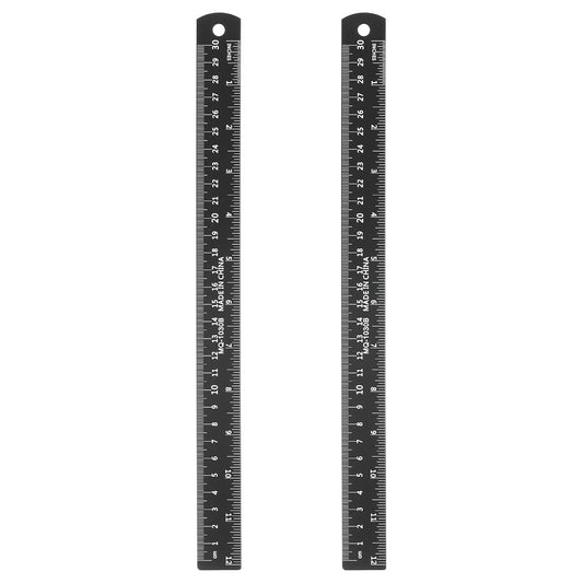 HARFINGTON 2pcs Metal Straight Ruler 30cm Metric SAE Aluminum Alloy Measuring Rulers Scale Tool with Hole for Measure Study Reading Classroom Office, Black