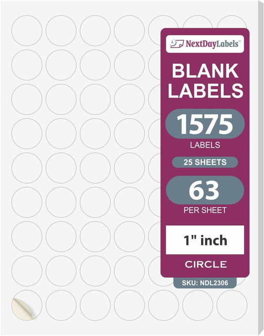 NextDayLabels - Laser/Ink Jet White Labels (1" Round - 63 Per Page | 1575 Labels)