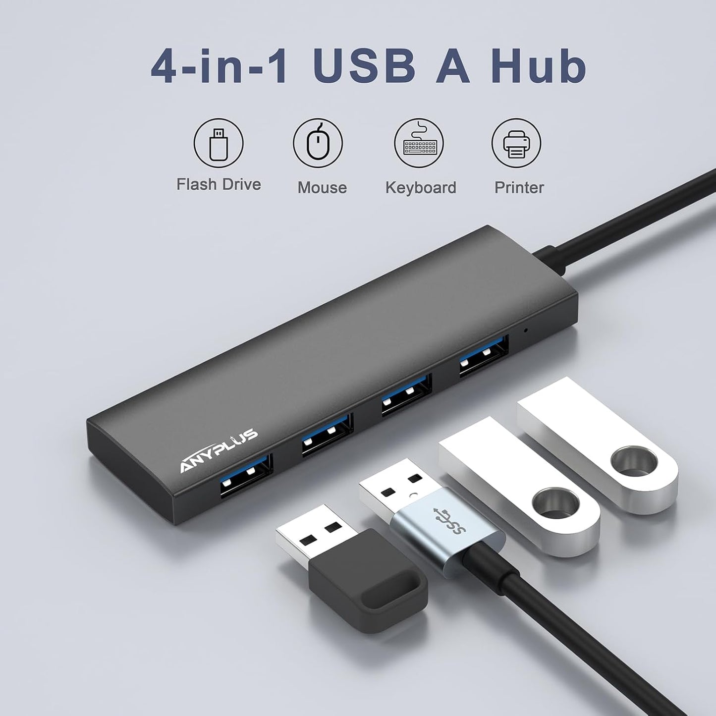 USB Hub, USB 3.0 Hub Aluminum Alloy Ultra Slim USB Splitter, Portable 4 Port USB Extender, USB Hub for Laptop, PC, MacBook, iMac, Surface Pro, Mac Pro, Flash Drive, XPS 【Black】
