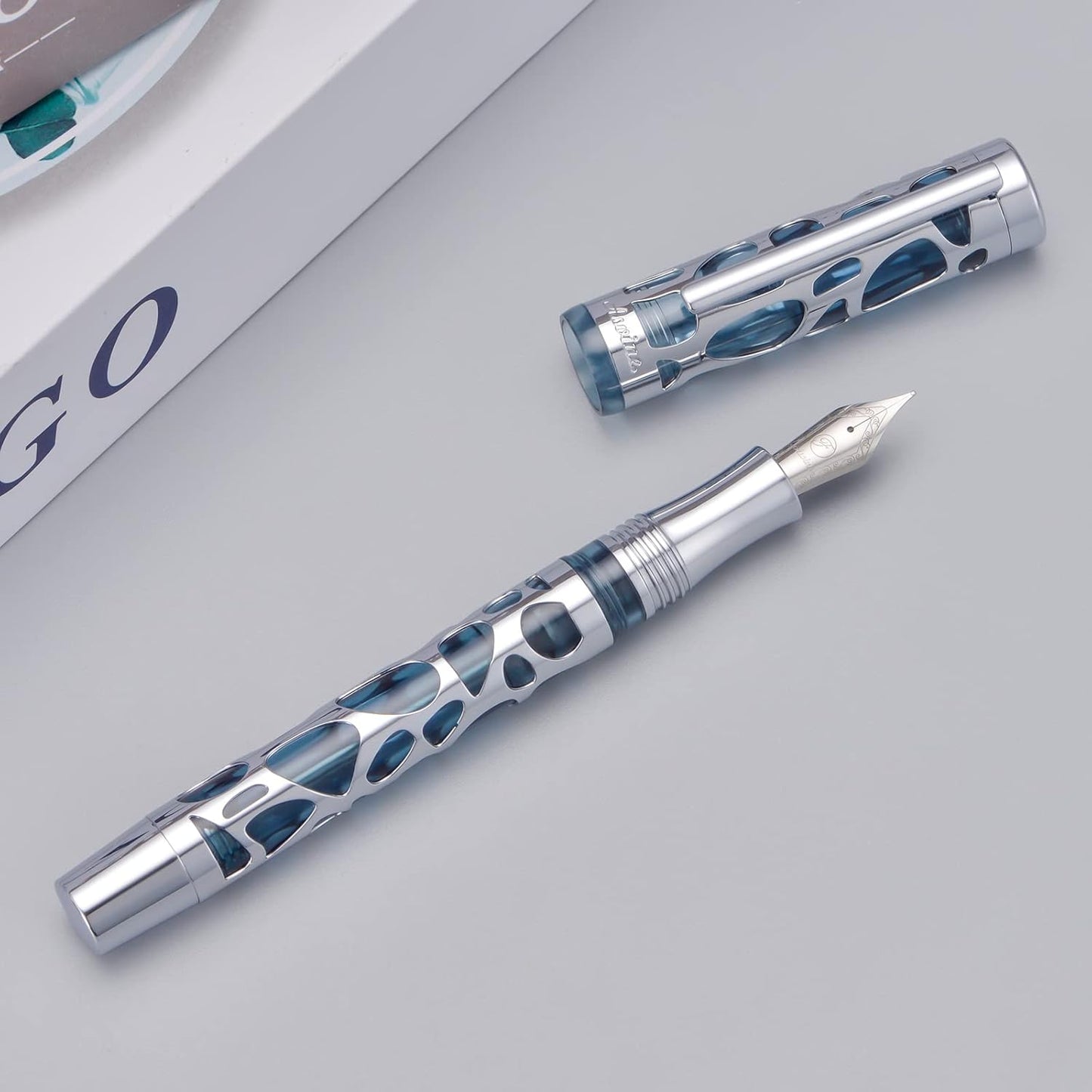Asvine V169 Vacuum Filling Fountain Pen Fine Nib, Water Drop Skeleton Transparent Gray Blue Acrylic Pen Case Set