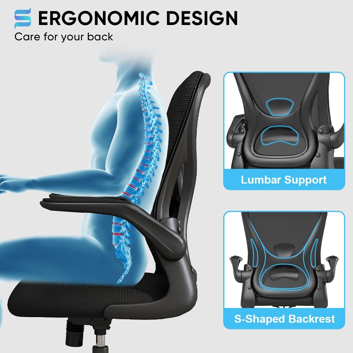 Sytas Ergonomic Desk Chair with Padded Flip up Arms and Supportive Lumbar Support, Breathable Mesh Home Office Chair with Comfortable Cushion for Home or Office(Black)