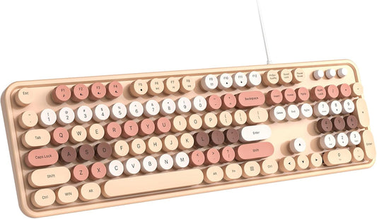 Wired Keyboard, 104 Keys Full-Sized Typewriter Keyboards, USB Plug and Play Office Keyboard with Number Pad, Caps Indicators, Foldable Stands for Windows, PC, Laptop, Desktop (Milk-Tea)