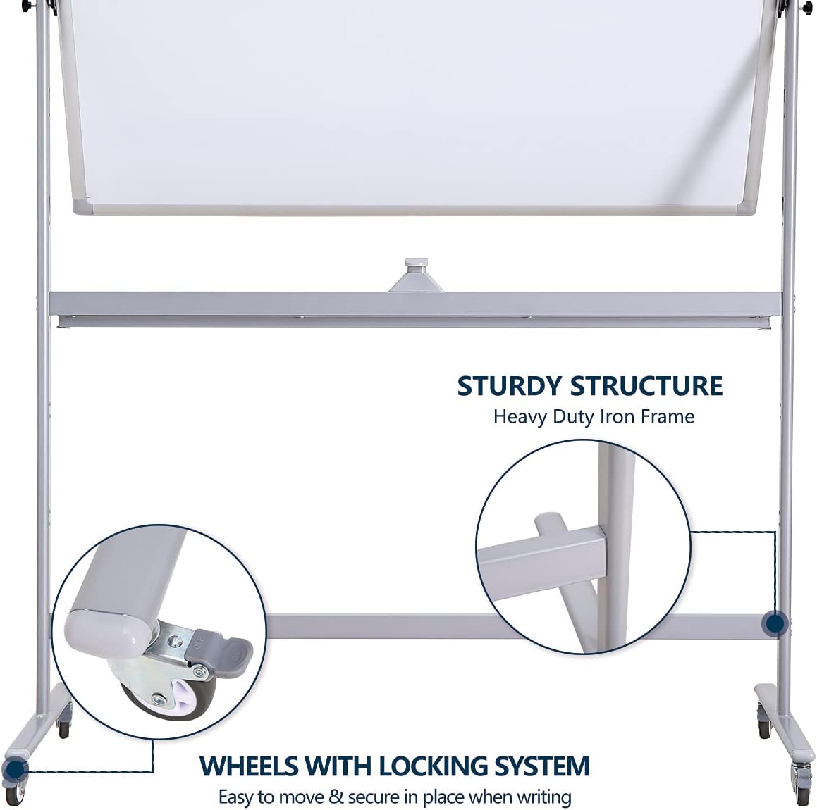 72" x 40" Height-Adjustable Mobile Whiteboard | Double-Sided Magnetic Dry Erase Board on 360° Rolling Stand | Large Reversible Whiteboard for Office, Classroom & Home, Silver