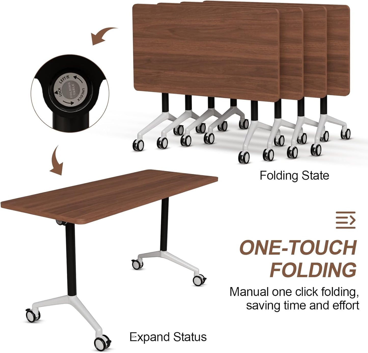 Folding Conference Table, Modern Large Conference Room Tables with Flip-Top Design, Foldable Conference Table Meeting Table with Wheels, Mobile Seminar Training Tables for Office Classroom (8, Brown)