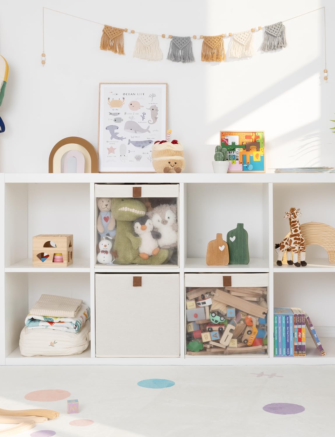 StorageWorks 13x13 Storage Cubes, Closet Storage Bins with Clear Window, Large Fabric Organizer for Clothes, Collapsible Storage Baskets with PU Handles, Beige, 3-Pack