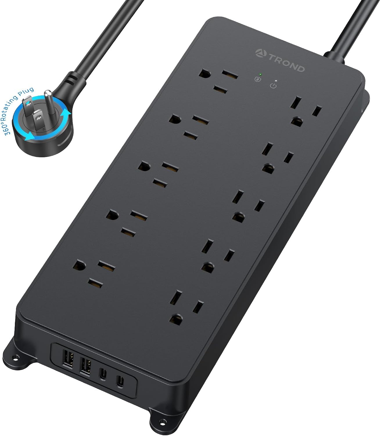 TROND Surge Protector Power Strip with 360° Rotating Flat Plug, 4000J, ETL Listed, 10 Widely Spaced Outlets, 2 USB A and 2 USB C, 5ft Extension Cord, Wall Mountable, for Home Office Garage, Black