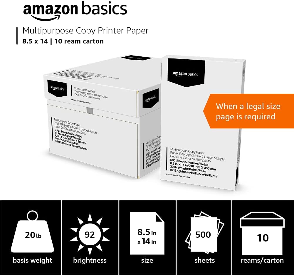 Amazon Basics Multipurpose Copy Printer Paper, 20 lb, 8.5 x 14 Inches, 10 Reams (5,000 Sheets), 92 Bright, White