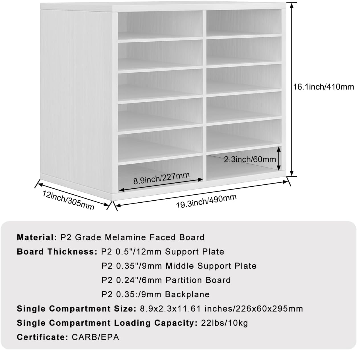 PAG Countertop Mail Sorter Organizer, Wooden Literature Organizer, Student Mailbox for Classroom, Desktop Bill Organizer for Office Home School, 12 Compartments, White