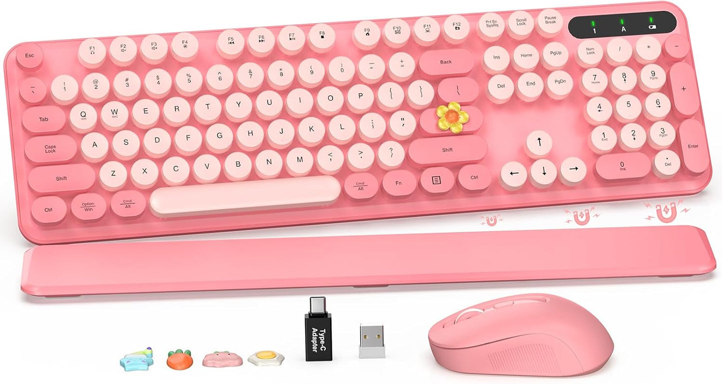 Wireless Keyboard and Mouse Combo - Retro Keyboard with Round Keycaps, Full-Size Typewriter Keyboard with Detachable Wrist Rest, 2.4GHz Connection for Mac/Windows/PC (Baby Pink)