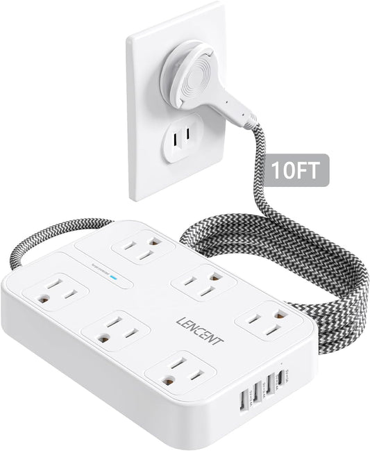 LENCENT 2 Prong Power Strip, 3 to 2 Prong Outlet Adapter, Surge Protector with 10ft Braided Extension Cord with Thin Flat Polarized Plug, 6 AC & 4 USB (1 Type-C), Wall Mount for Non-Grounded Outlet