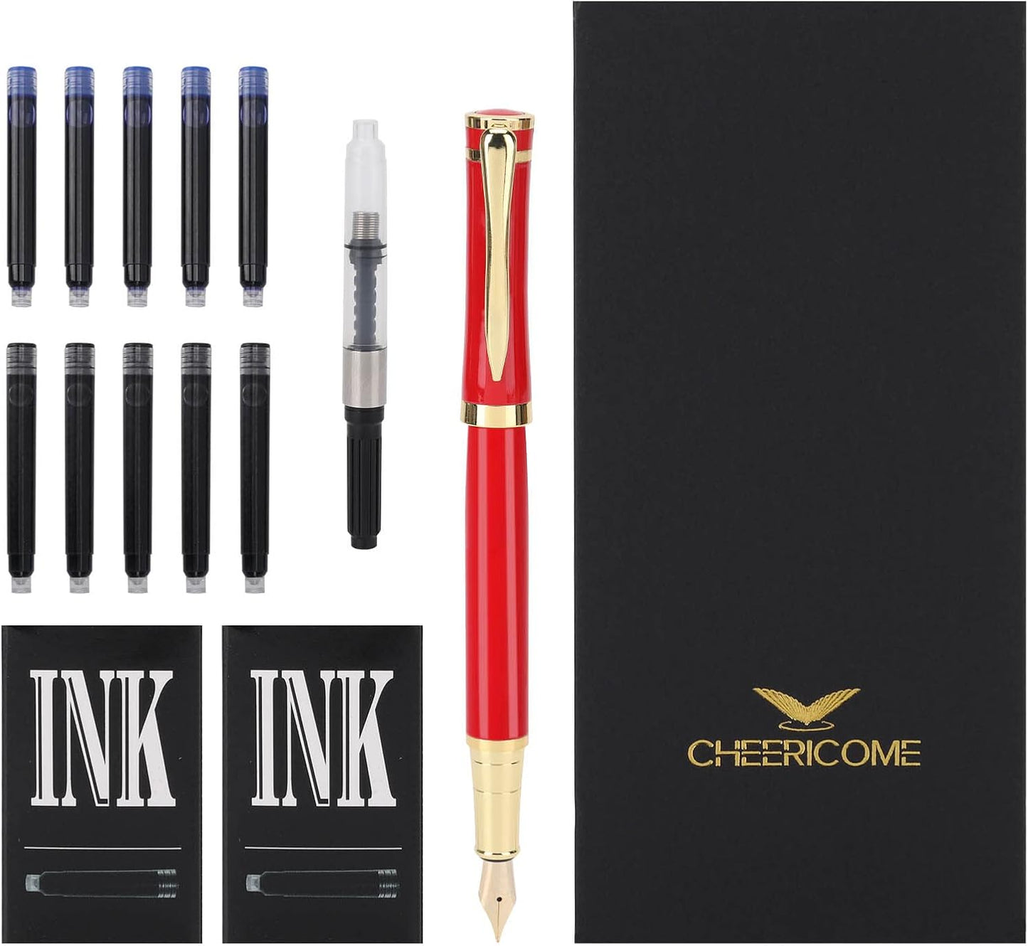 Cheericome Fountain Pen - Luxury Fountain pen set for Men & Women - Ink Pen for Smooth Writing - Fountain Pen Fine Nib，Includes 10 Ink Cartridges and Ink Refill Converter - Red