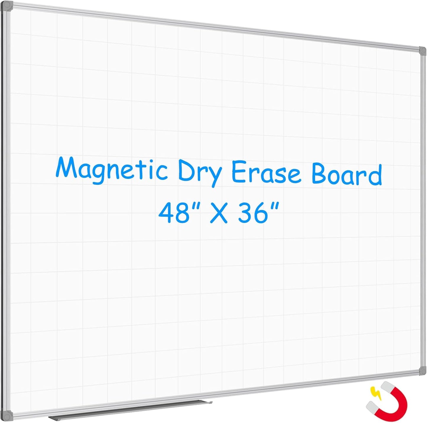 JILoffice Magnetic Dry Erase Planning Board, Grid Pattern White Board 48 x 36 Inch, Silver Aluminum Frame with Detachable Marker Tray for Office School and Home