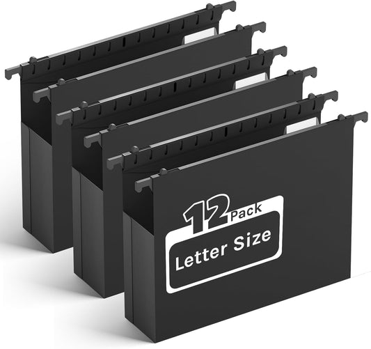 Extra Capacity Expanding Hanging File Folders,2" Plastic Accordian Pocket with Black Insert Gasket,Heavy Duty for Filing Cabinet, Hard and Durable Hang Folders Organizer, Black,Letter Size - 12 Pack