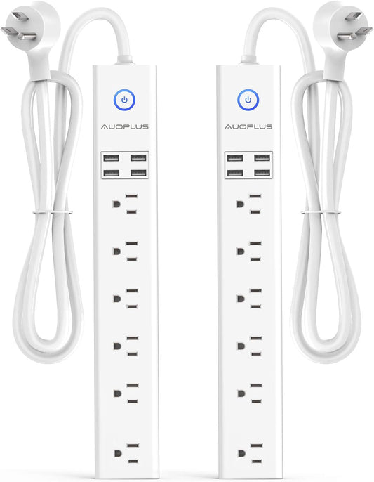 2 Pack Power Strip Surge Protector Flat Plug - 6 Widely Spaced Outlets 4 USB Charging Ports, 2100J/10A with 6Ft Long Extension Cord, Overload Surge Protection, Wall Mount for Home Office