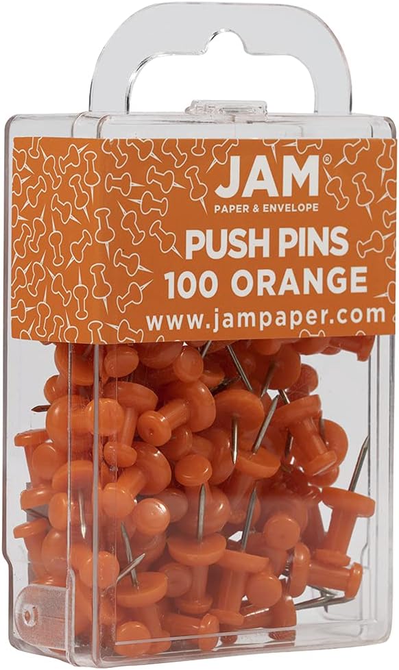 JAM PAPER Colorful Push Pins - Orange Pushpins - 100/Pack