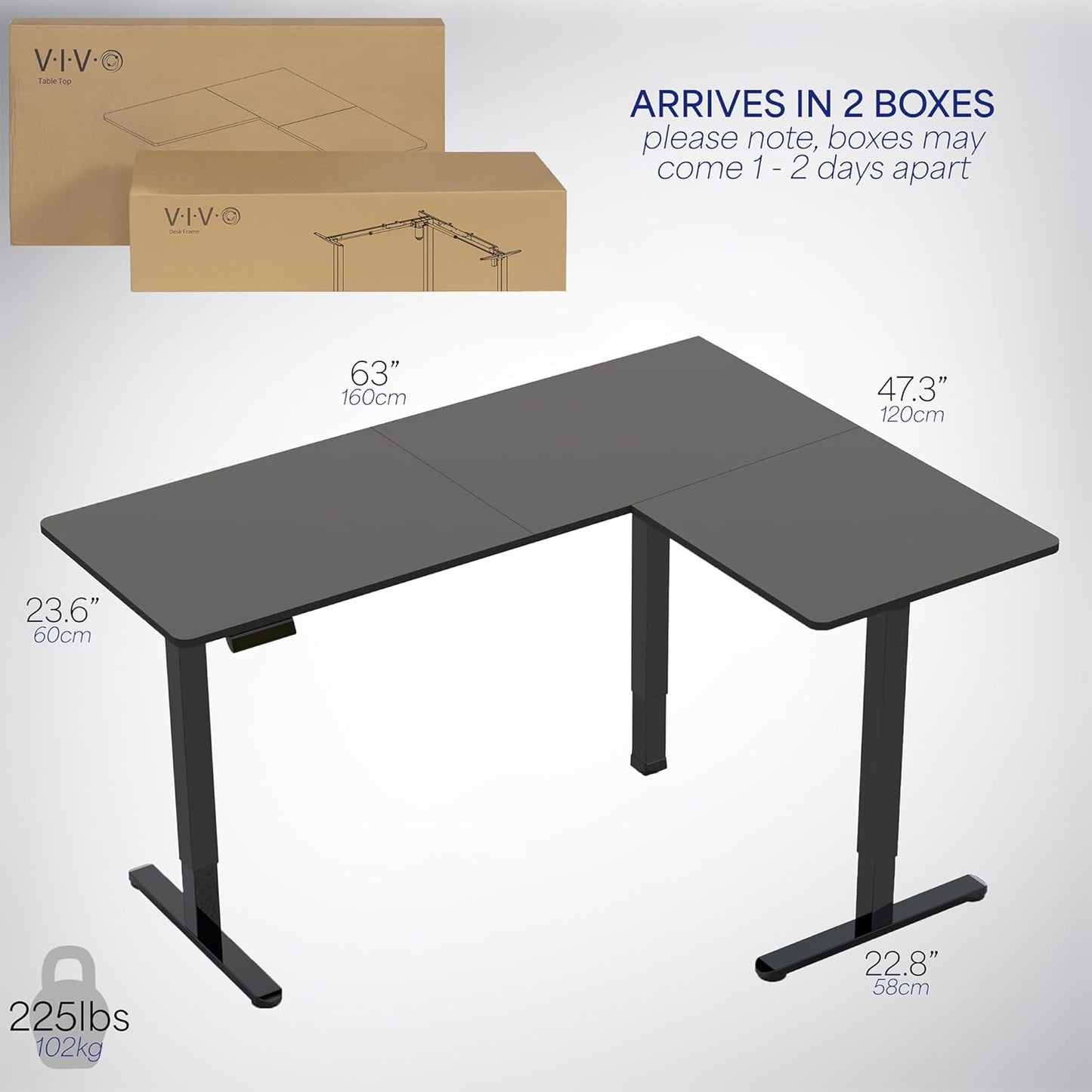 VIVO Electric Corner L-Shaped 63 x 47 in Standing Desk, Memory Height Adjustment, Black Top Black Frame, DESK-E3CTB-47