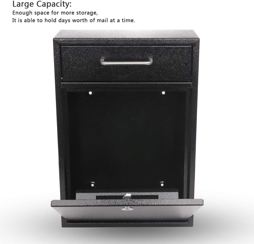 KYODOLED Steel Key Lock Mail Boxes Outdoor, Locking Wall Mount Mailbox, Security Lock Drop Box, Collection Boxes,16.2H x 11.22L x 4.72W Inches, Black X Large