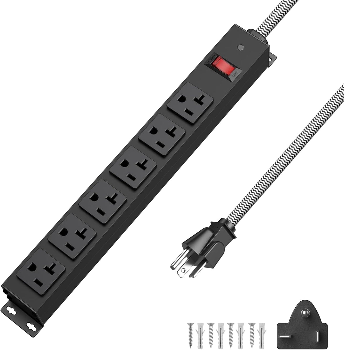 HEZI 20 Amp Power Strip with 5-20P/T- Plug, Heavy Duty High Amp Metal Surge Protector, Mountable Industrial Power Strip with 6AC Outlets(5-20R) and Circuit Breaker, 6FT 12AWG Extension Cord