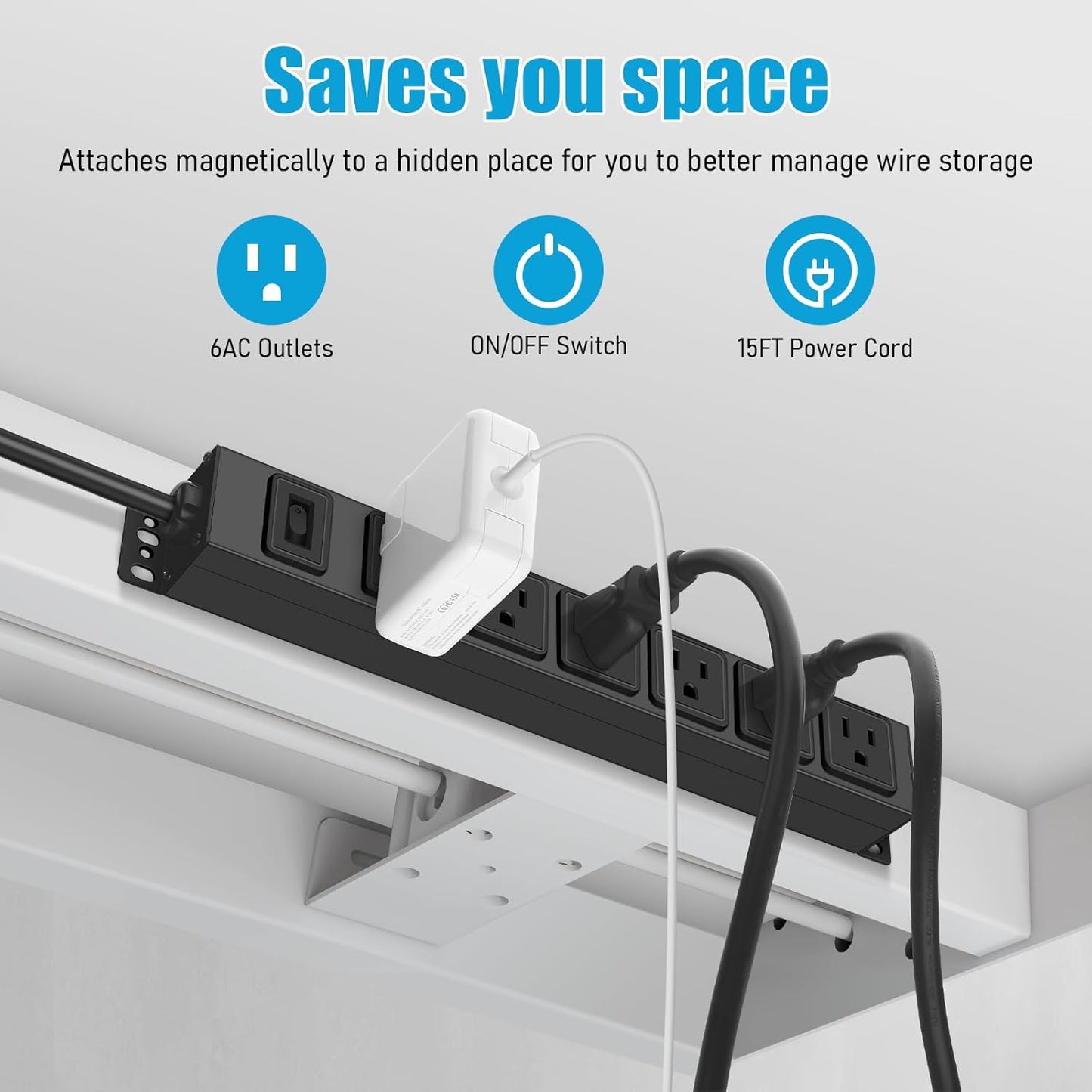 Magnetic Wall Mount Power Strip, Under Desk 6 Outlet Mountable Socket, Metal Long Heavy Duty Surge Protector for Garage, Gaming Table Or Workspace, 15FT Extension Cord.