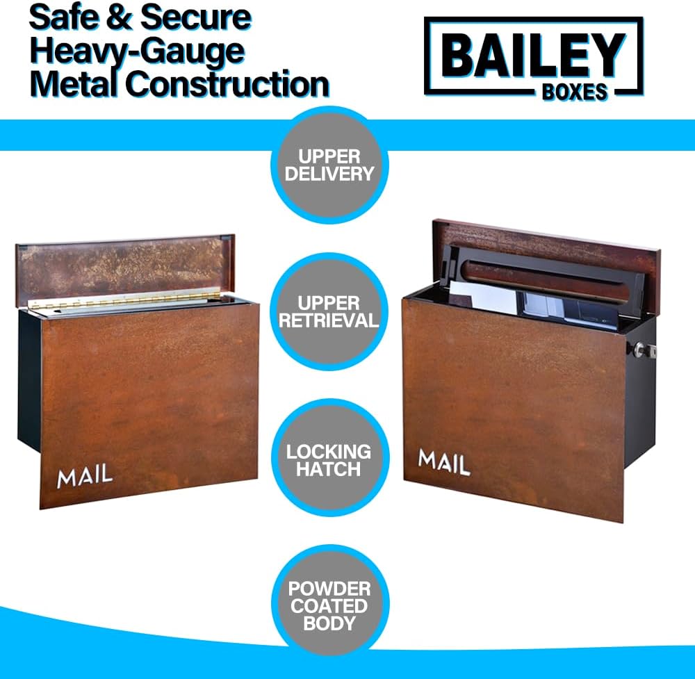 Wall Mounted Locking Mailbox - Rustic Modern Vintage Design from Bailey Boxes - The Rockdale - Elevate Your Exterior with a Top-Notch Custom Style Mailbox