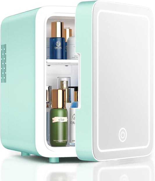 Skincare Fridge With Dimmable LED Light Mirror, 4L Mini Fridge For Desktop, Travel or Cool & Heat, Makeup Fridge for Cosmetics, Skin Care and Food, Green