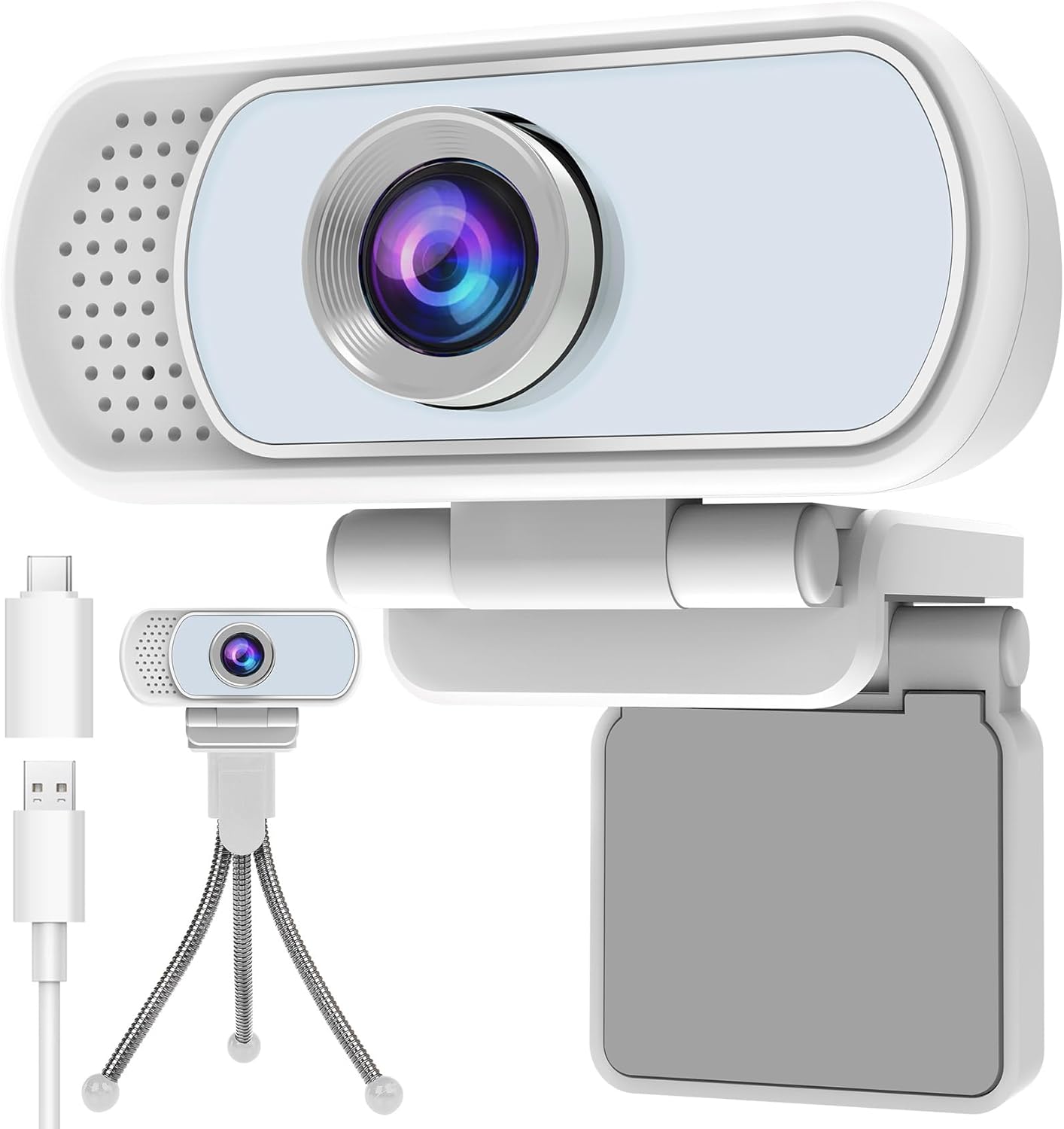 1080p White Webcam with Microphone, USB Web Camera 110-Degree View Angle Computer Camera,Webcam Tripod/Privacy Cover/USB C Adapter Include,Plug and Play Web Cam for Video Conferencing Streaming