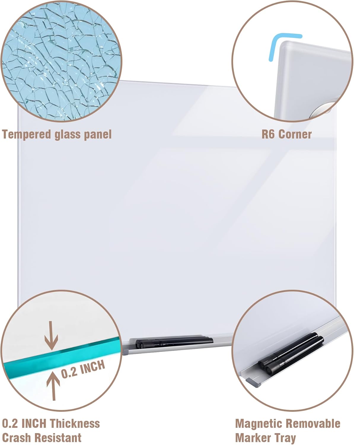 Magnetic Glass Whiteboard，36"x24" Wall Mounted Frameless Dry Erase Board for Office, Home & School Ultra White