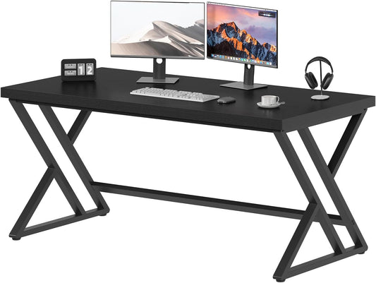 LVB Black Desk, Modern Gaming Writing Computer Desk for Home Office, Metal Wood Study Work PC Computer Table for Bedroom, Industrial Executive Student Workstation Desk, 47 Inch, Black Oak