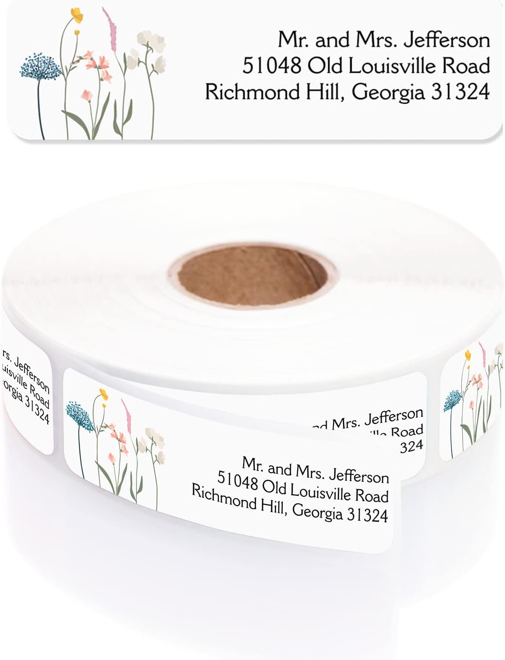 Wildflower Rolled Address Labels / 500 Personalized Return Address Labels/Designer Address Stickers in Elegant Plastic Dispenser