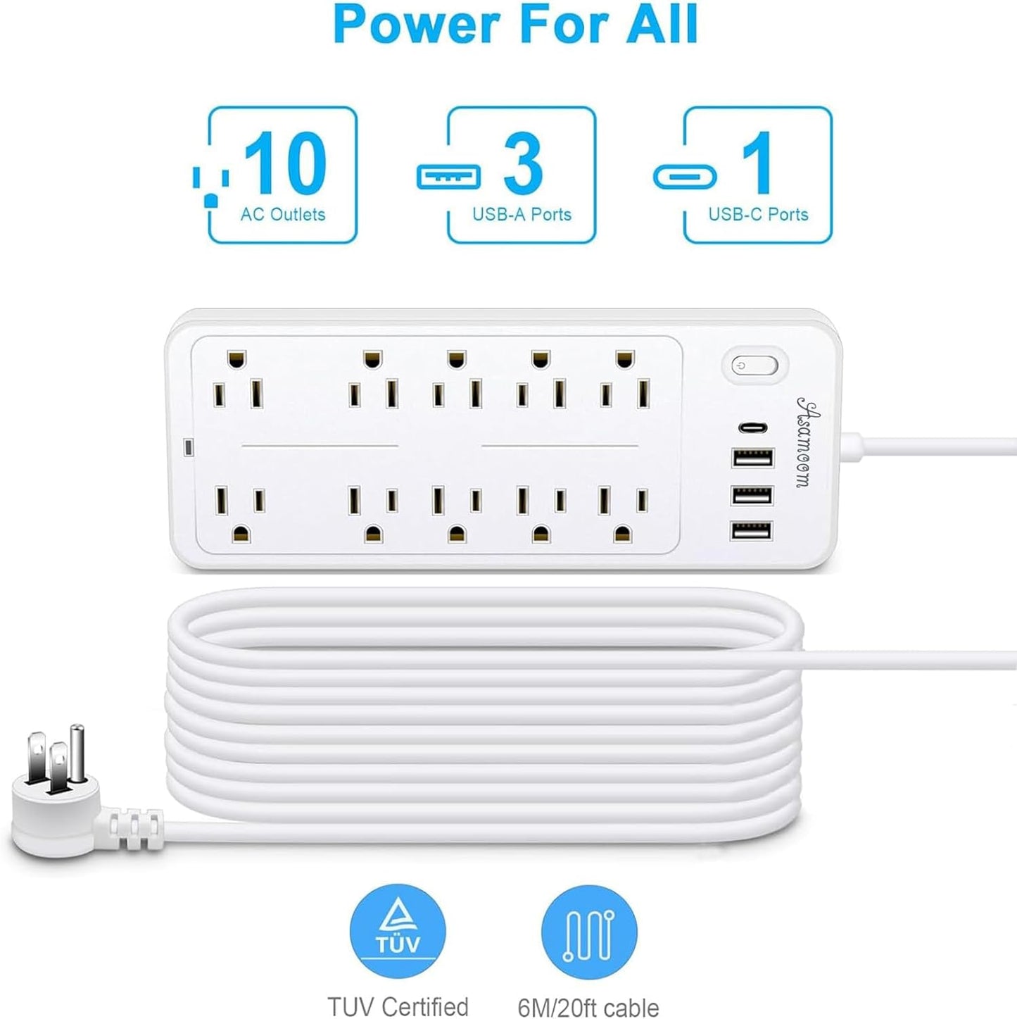 25 FT Power Strip with Surge Protection 1625W/13A, 14 Outlets and 4 USB Ports (1 USB-C), 16AWG, 1700J Flat Plug, White, ETL Listed
