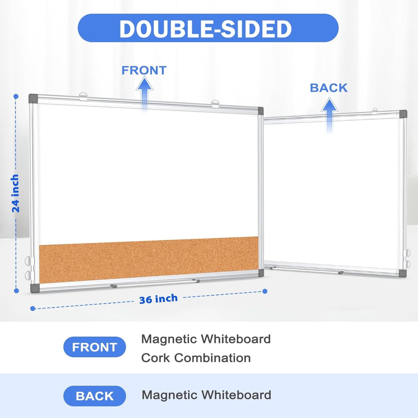 Whiteboard Cork Board Combo for Wall, WALGLASS 36" x 24" Double-Sided Large Dry Erase Whiteboard Corkboard Combination, Hanging Wall Mount Bulletin Board with Aluminum Frame for Office, Home, School