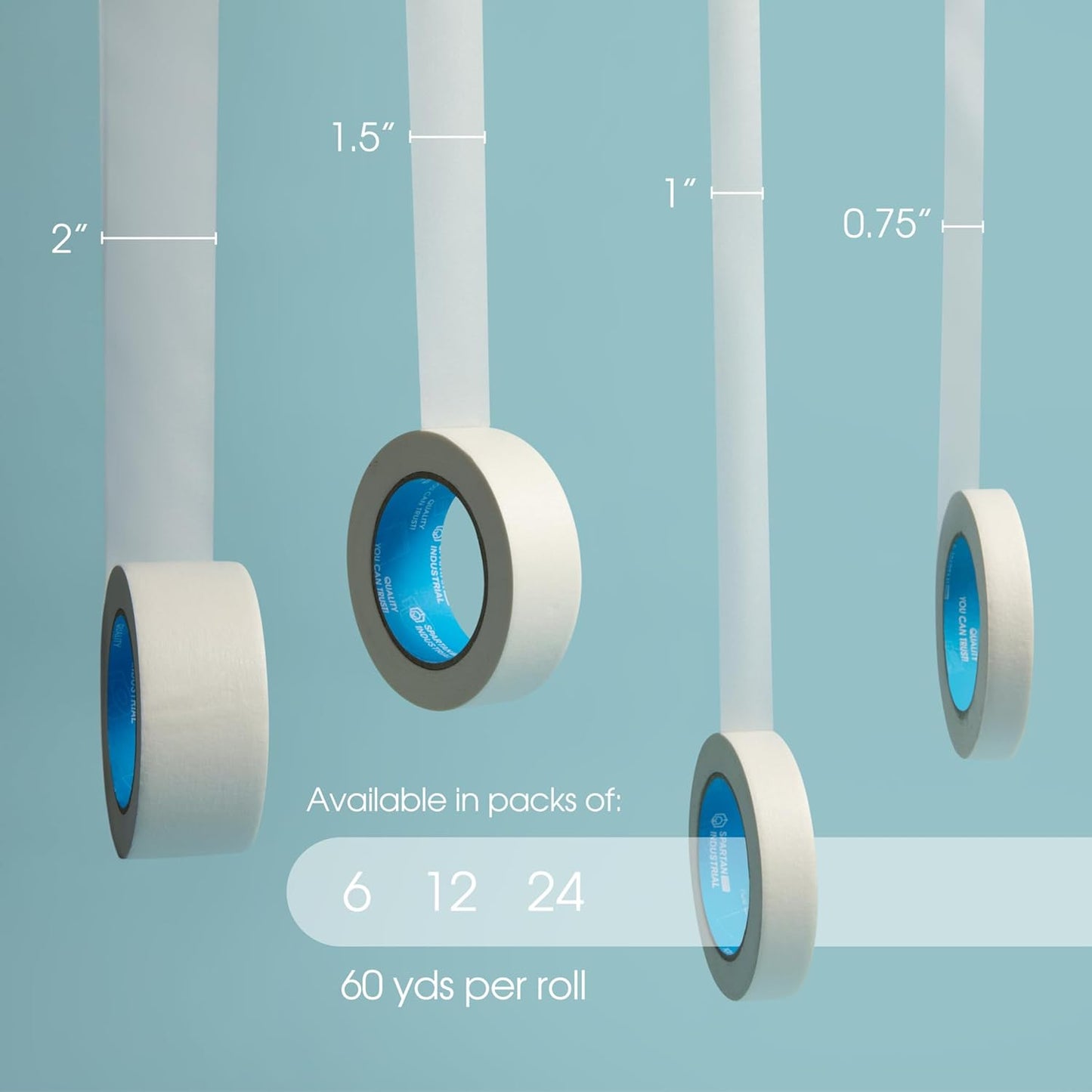 SPARTAN INDUSTRIAL - 1.5" X 60 yd Masking Tape for Construction, Painting, Crafts, and More - 12 Rolls of Removable Tape, 5.5 Mil