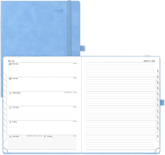 POPRUN Weekly Planner 2026 (Large 8.5" x 10.5") Calendar 12 Months Notebook with Horizontal Layout, Leather Soft Cover, Monthly Tabs, Inner Pocket, 100GSM Thick Paper, Pen Holder - Cerulean Blue