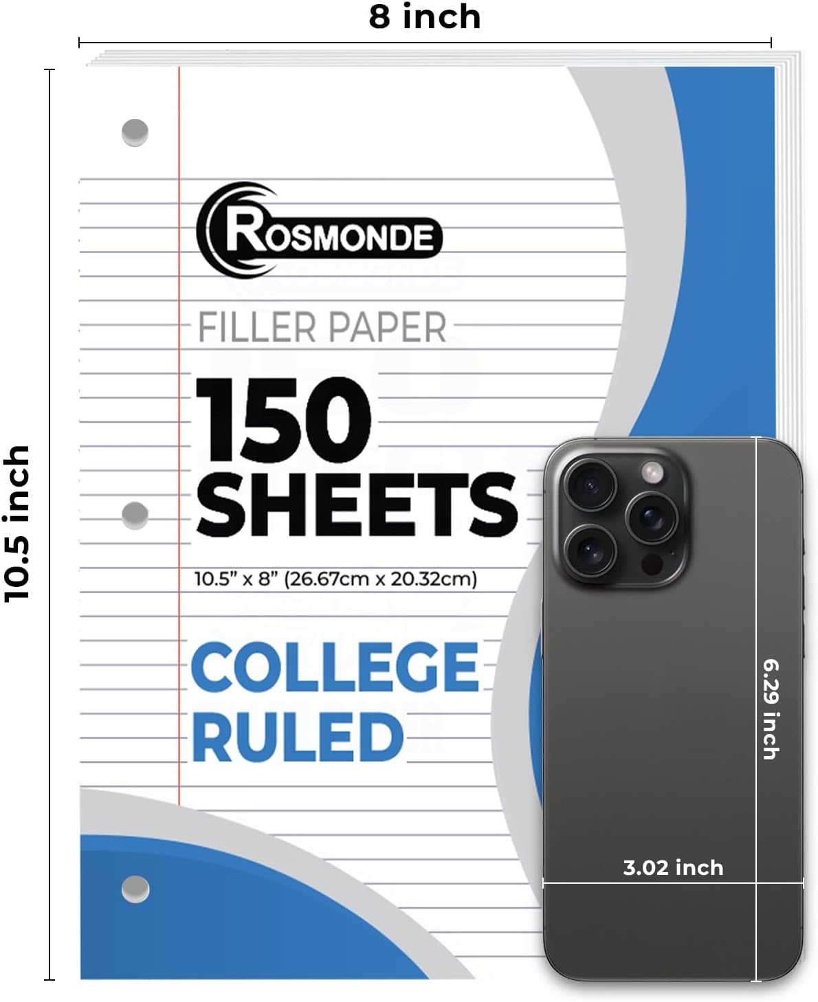 6 Pack Loose Leaf Paper, 900 Sheets, College Ruled, 8" x 10.5", 56 gsm Bulk Office Filler Paper, 150 Sheets/Pack, 3 Hole Punched, College Ruled Paper for 3 Ring Binder, Notebook Paper, White