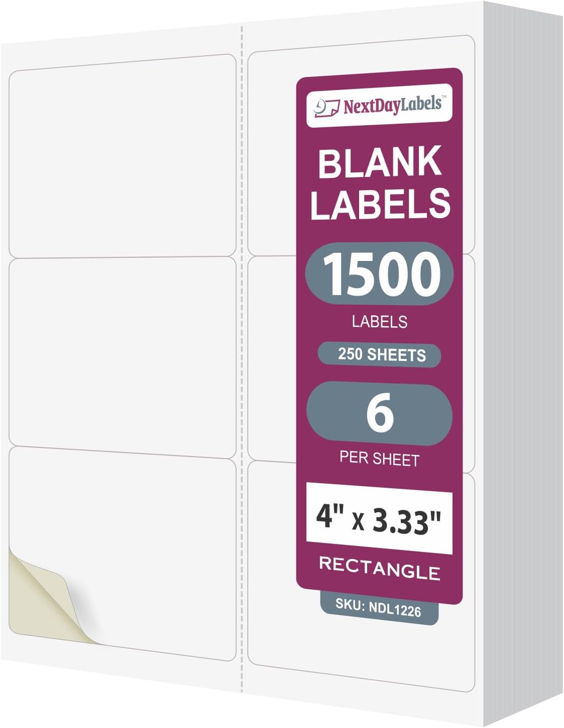 NextDayLabels – 4" x 3-1/3" Rectangular Sticker Labels for Printer - White Laser/Inkjet Printer Labels Return Address Labels Shipping Label Stickers (250 Sheets, 6 Per Sheet, 1500 Labels)