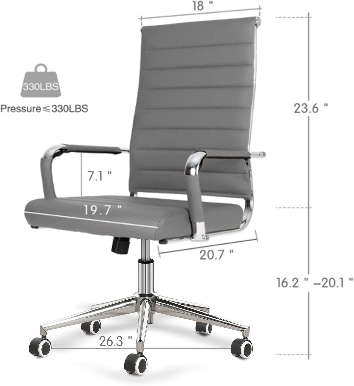 Home Office Chair Ribbed, Modern Leather Conference Waiting Room Chairs,Ergonomic Office Desk Chair, High Back Executive Computer Chair, Adjustable Swivel Chair with Arms (Gray)
