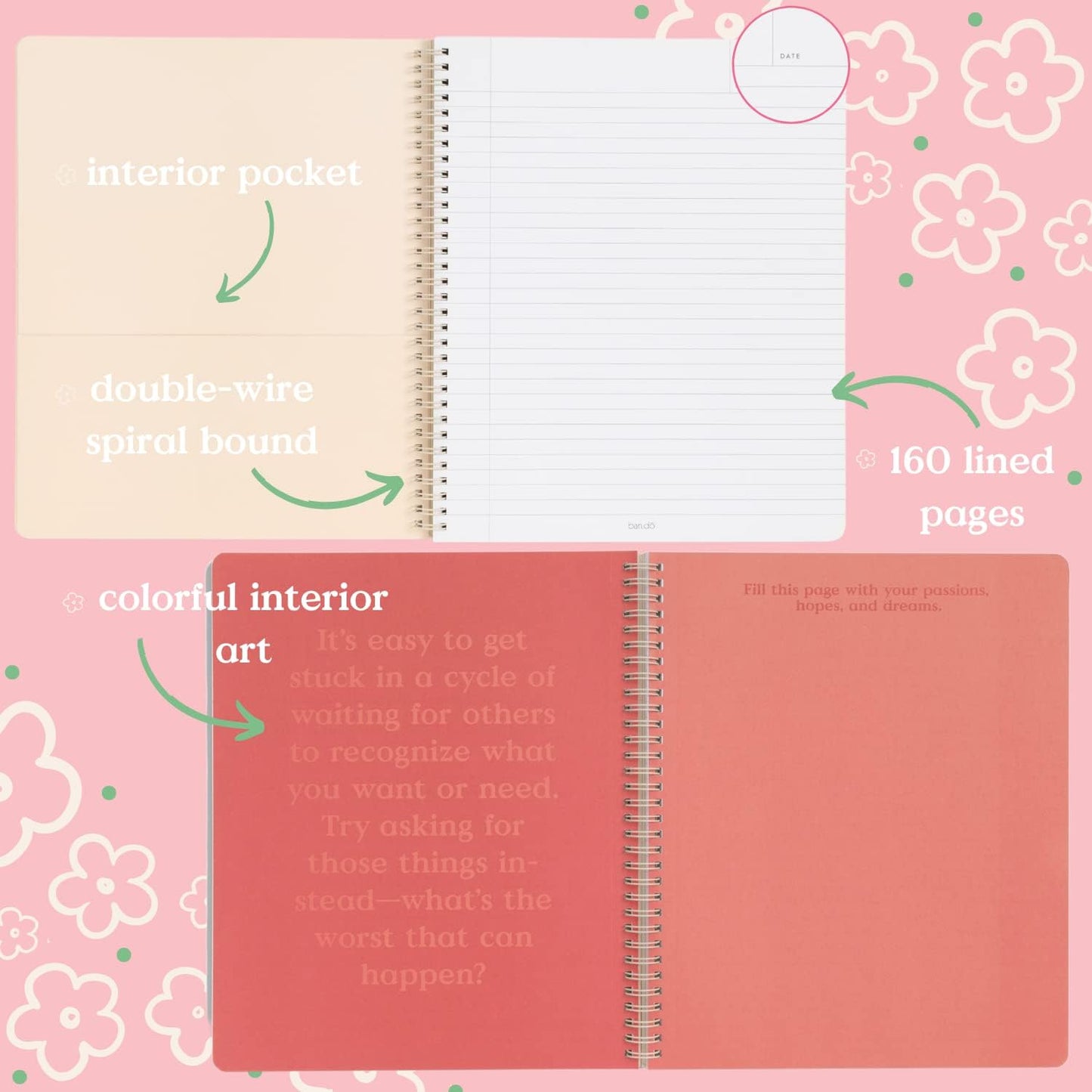 ban.do Rough Draft Large Spiral Notebook with Saying, 11" x 9" with Pockets and 160 College Ruled Pages, Make It All Happen (gold glitter)