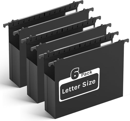 Ansook Extra Capacity Plastic Hanging File Folders,2" Expanding Accordian Pocket with Black Insert Gasket,Heavy Duty for Filing Cabinet, Hard Hang Folders Organizer, Black,Letter Size,6 Pack