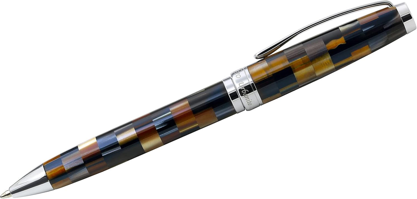 Xezo Urbanite Brass Ballpoint Pen, Medium Point. Woody Brown, Silver, and Black Acrylic Inlay with Chrome Plating. Handcrafted, Limited Edition, Serialized. No Two Alike.