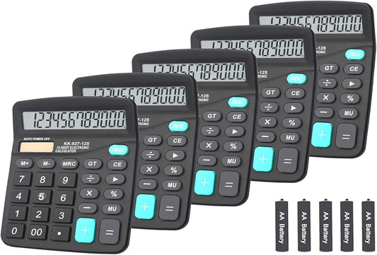 Calculators, Large Button Calculator with Angled LCD Display 12-Digit Dual Power Handheld Desktop Feature for Office, School, Home(Black, Pack of 5)