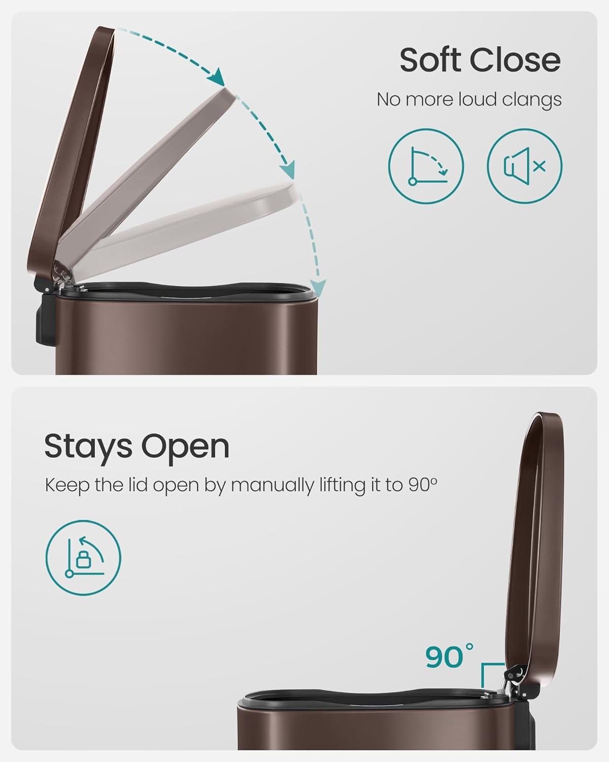 SONGMICS 13 Gallon (50 L) Trash Can, Stainless Steel Kitchen Garbage Can, Recycling or Waste Bin, Soft Close, Step-On Pedal, Removable Inner Bucket, Brown ULTB50BR