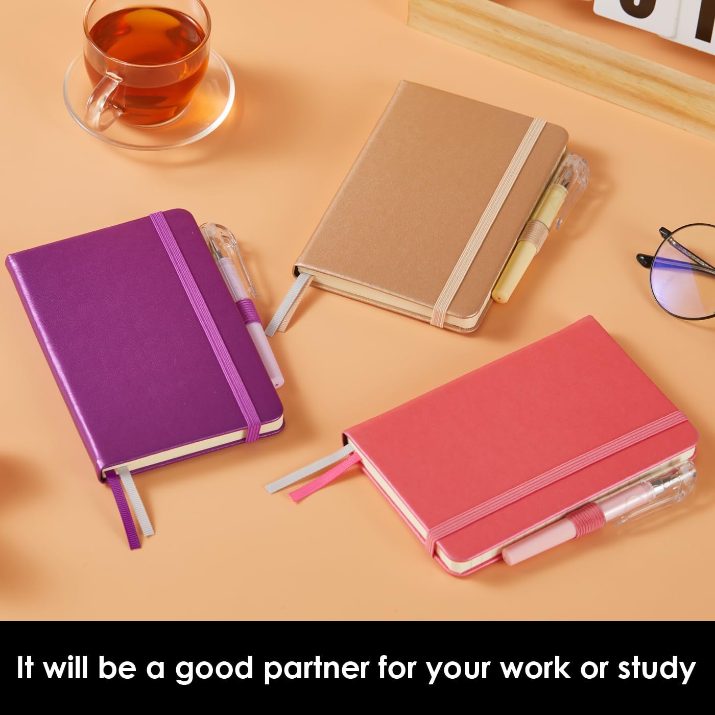 3 Pack Small Journal Notebook with Pen, Mini Pocket Leather Notepad Notebook 3.7" x 5.7" with 408 Pages, Ribbon Bookmark, Pearlescent Pink