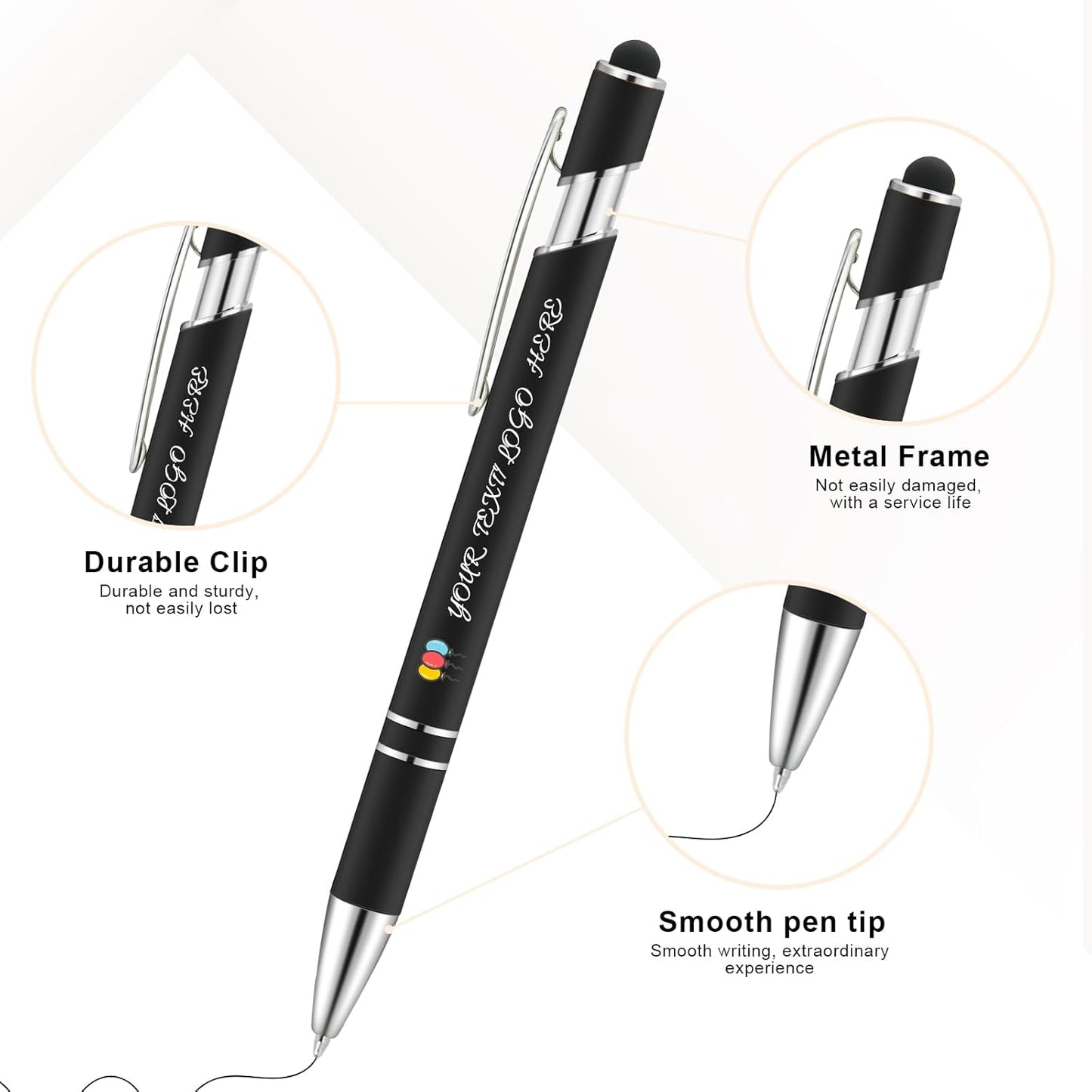 Personalized Pens 50pcs with Stylus Custom Ballpoint Pens in Bulk Engraved with Logo Text Personalized Bulk Black Ink for Office College Business