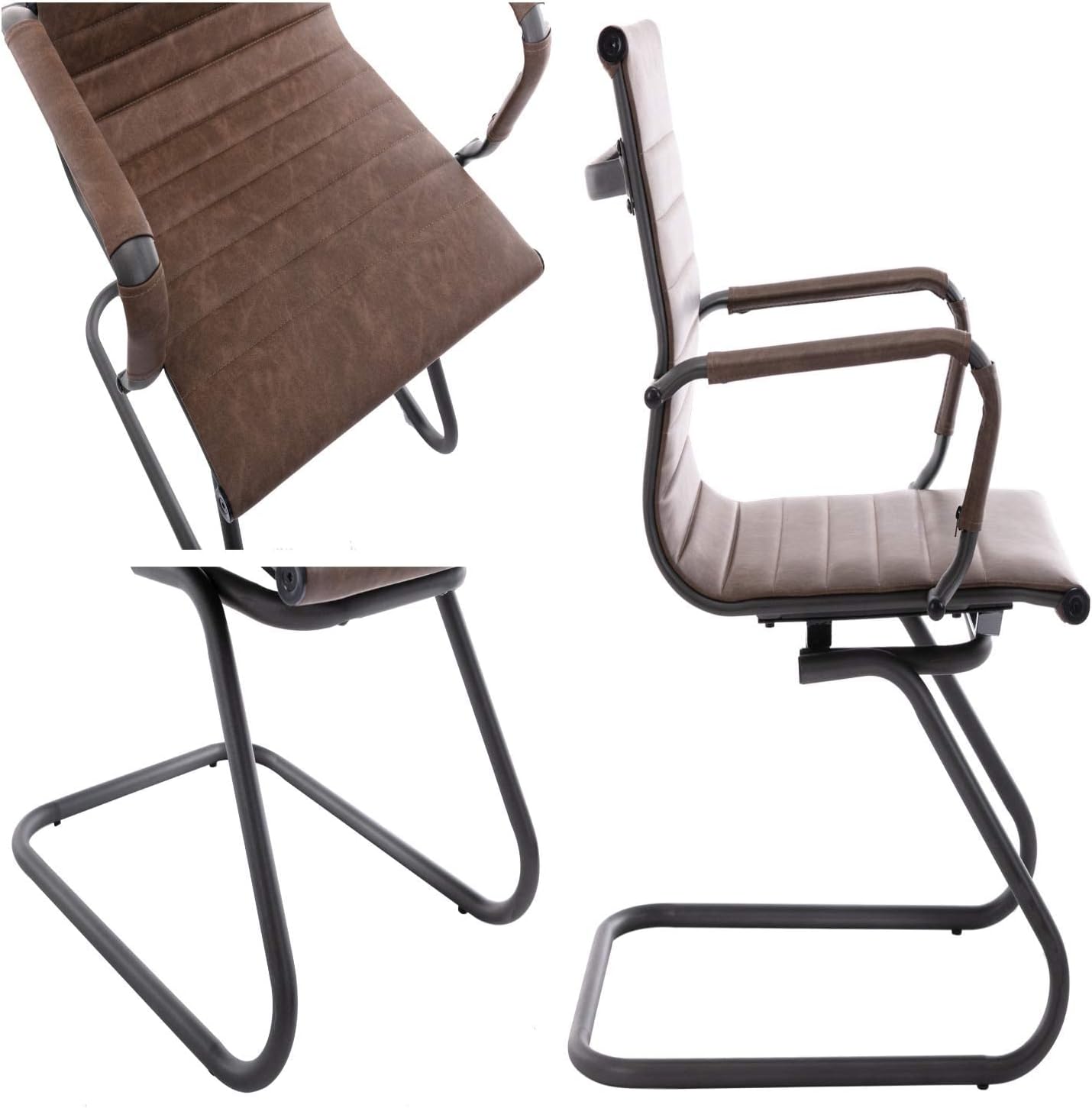 Office Desk Chair No Wheels Set of 4 PU Leather Computer Chairs Mid Back Guest Chairs for School Reception Conference Waiting Room, Vintage Brown