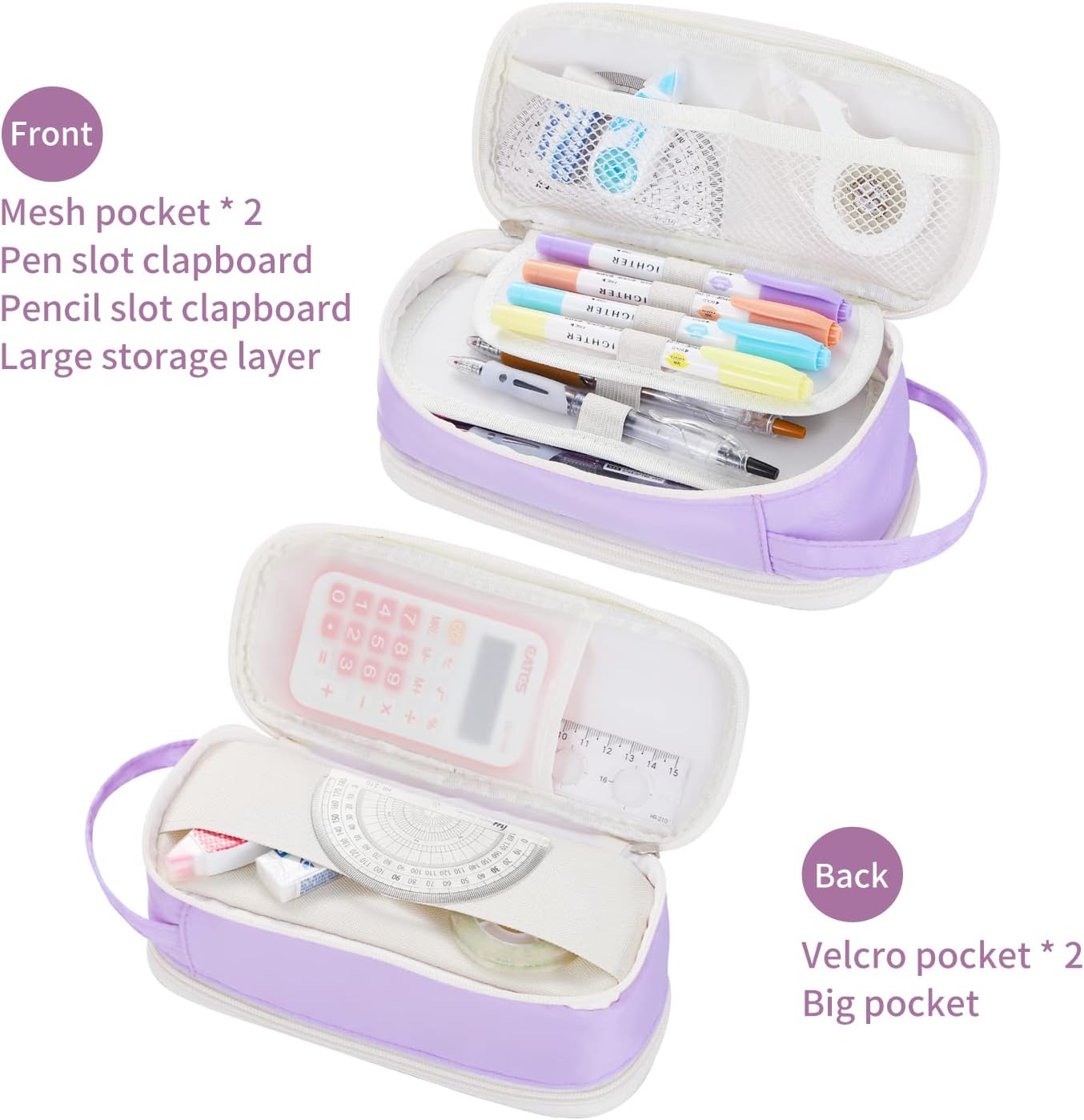 Dugio Big Pencil Case for Girls Teens Kids Zipper Pencil Pouch with Handle Organizer Pencil Bag Aesthetic Pencil Box for School Purple