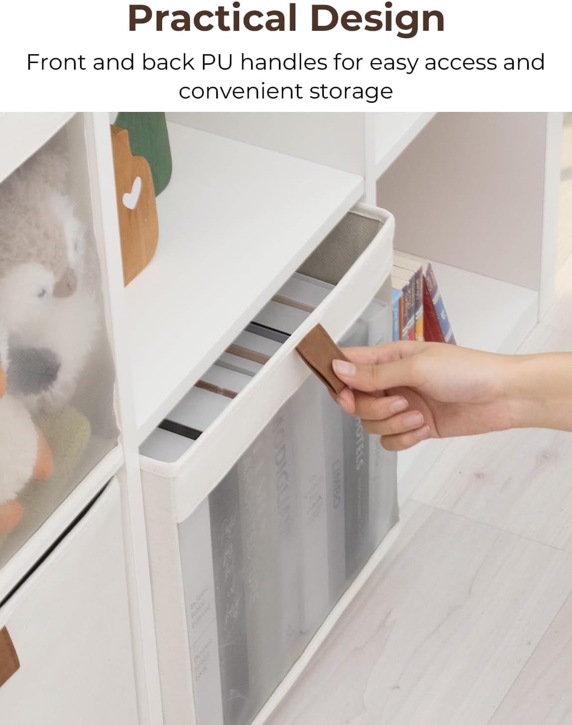 StorageWorks 11x11 Storage Cubes, Closet Storage Bins with Clear Window, Fabric Organizer for Clothes, Collapsible Storage Baskets with PU Handles, Beige, 3-Pack