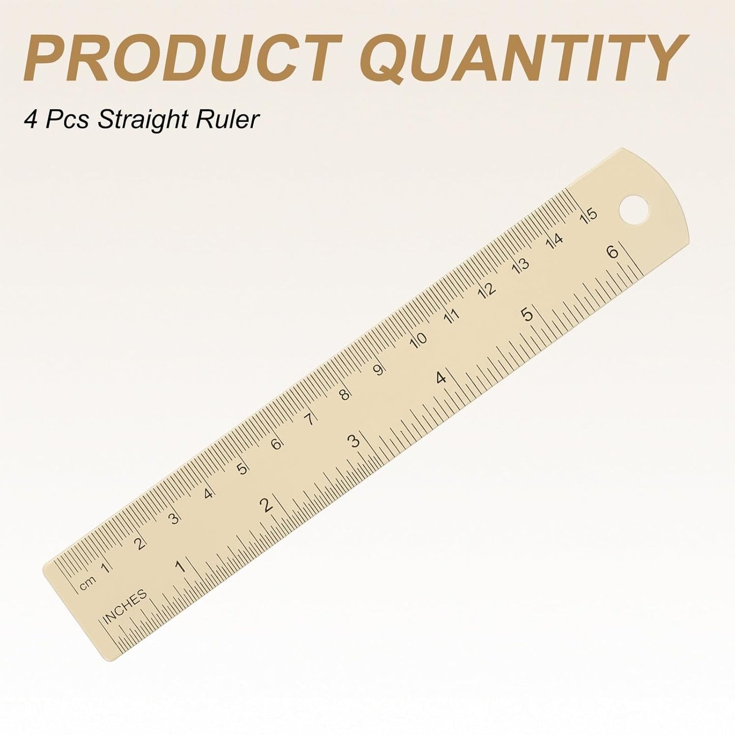 HARFINGTON 4pcs Metal Straight Ruler 15cm Metric SAE Aluminum Alloy Measuring Rulers Scale Tool with Hole for Measure Study Reading Classroom Office, Beige