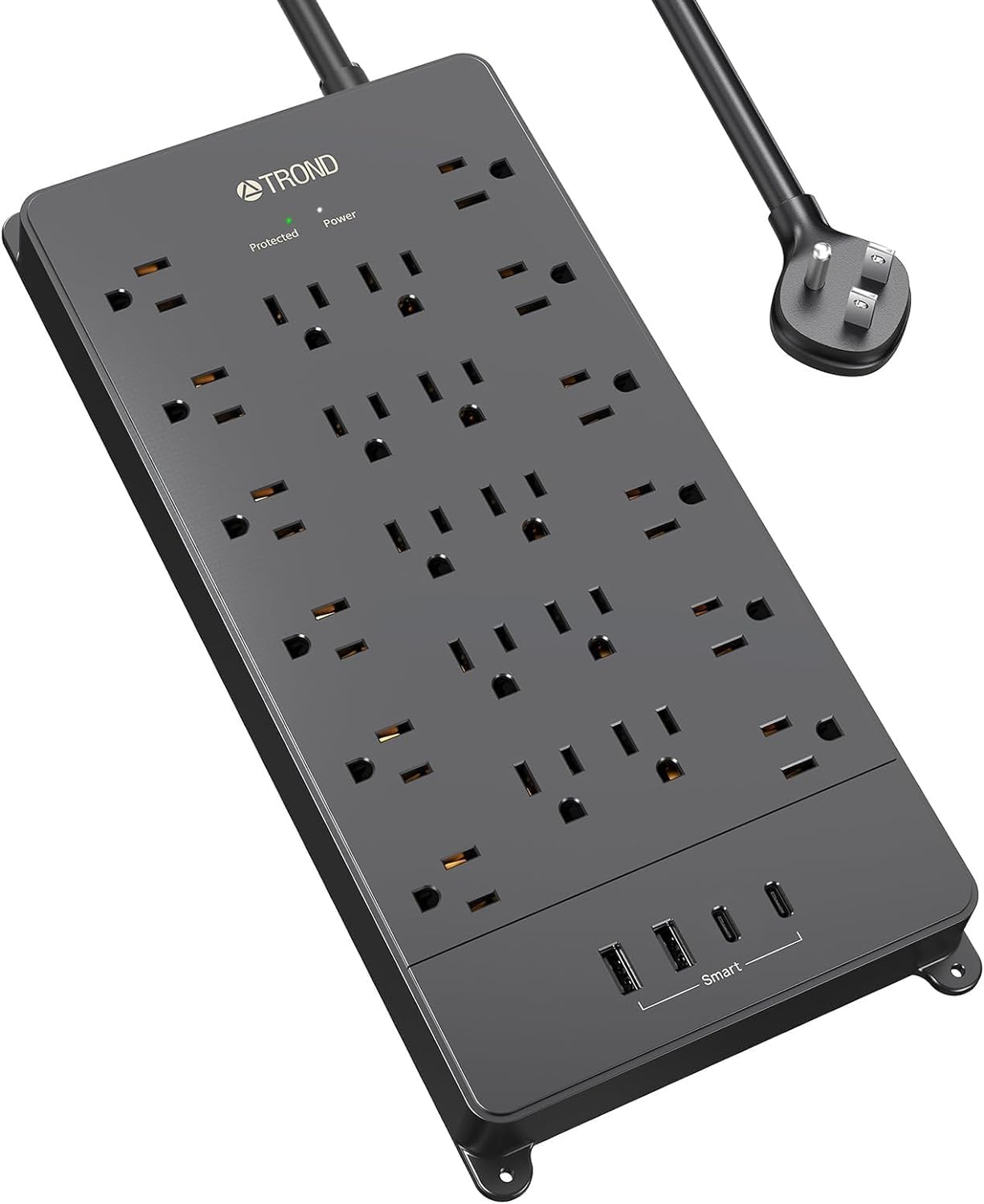 TROND Surge Protector Power Strip, 5ft Flat Plug Extension Cord with Multiple Outlets, 22 Widely Spaced AC with USB Ports, 4000 Joules, Heavy Duty, Wall Mount, Under Desk, ETL Listed, Black