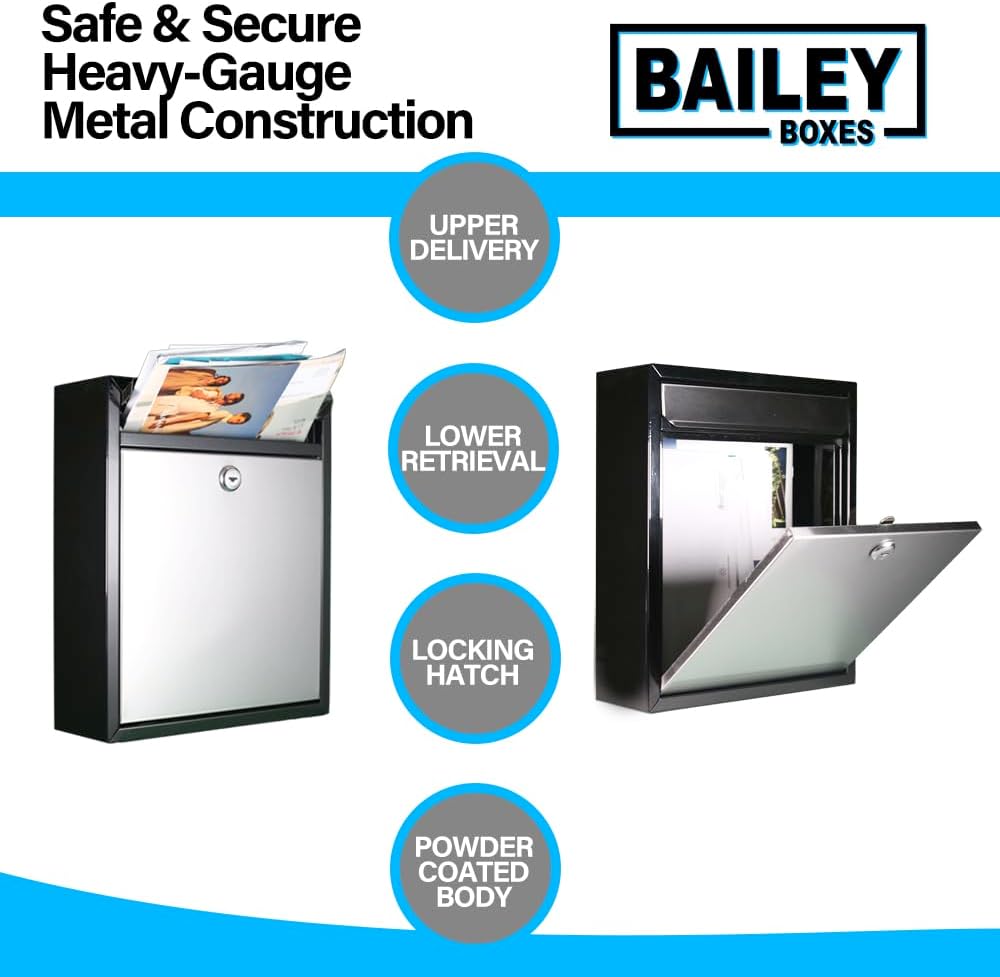 Modern Wall Mounted Locking Small Architectural Mailbox from Bailey Boxes - 12.25" H x 10.25" W x 3.5" D - The Murphy
