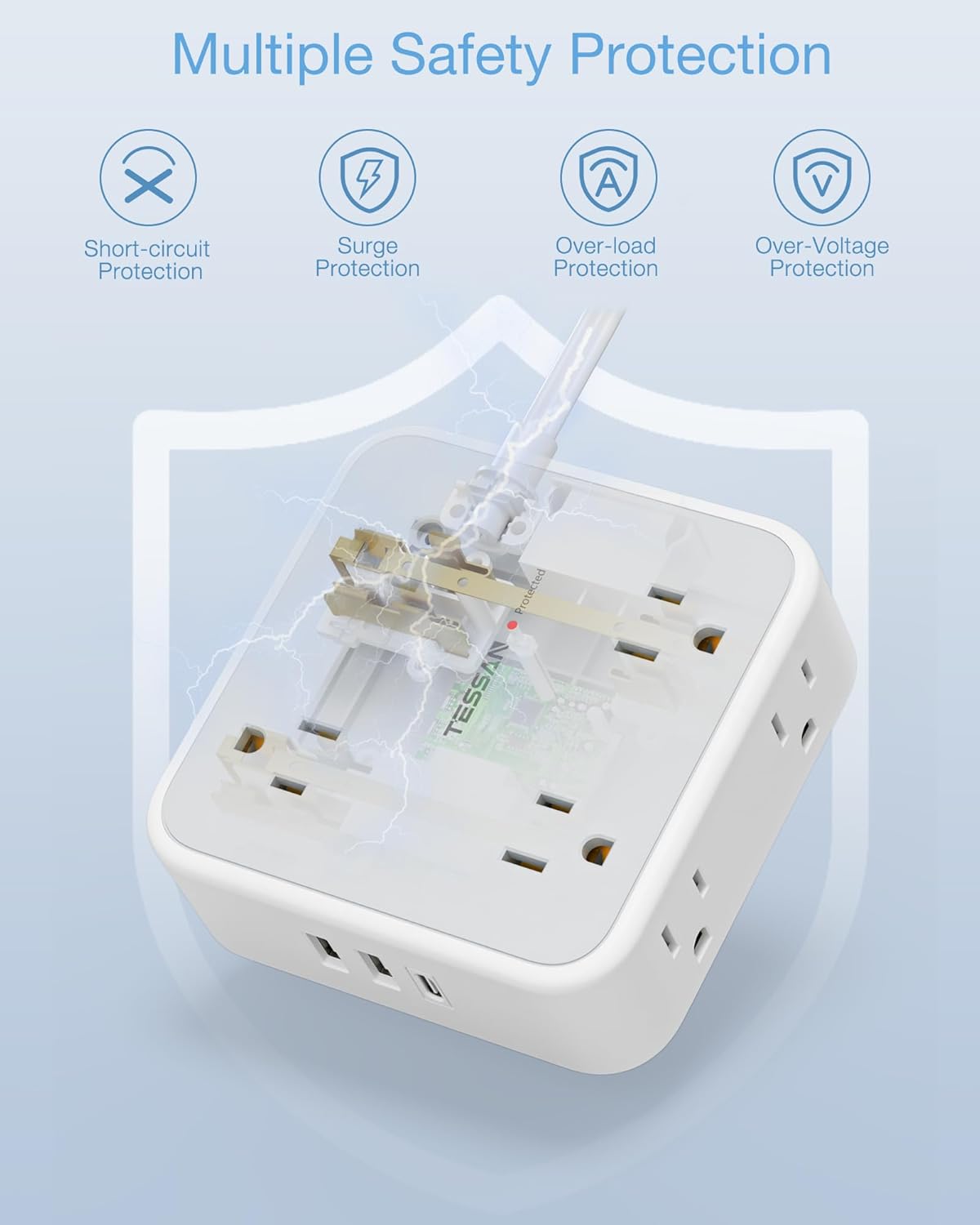Power Strip Surge Protector 10 Ft Cord, 8 AC Outlets, 3 USB Charger(1 USB C Port), TESSAN Ultra Thin Extension Cord, Flat Plug, 900 Joules Protection, Desk Charging Station for Home, Office